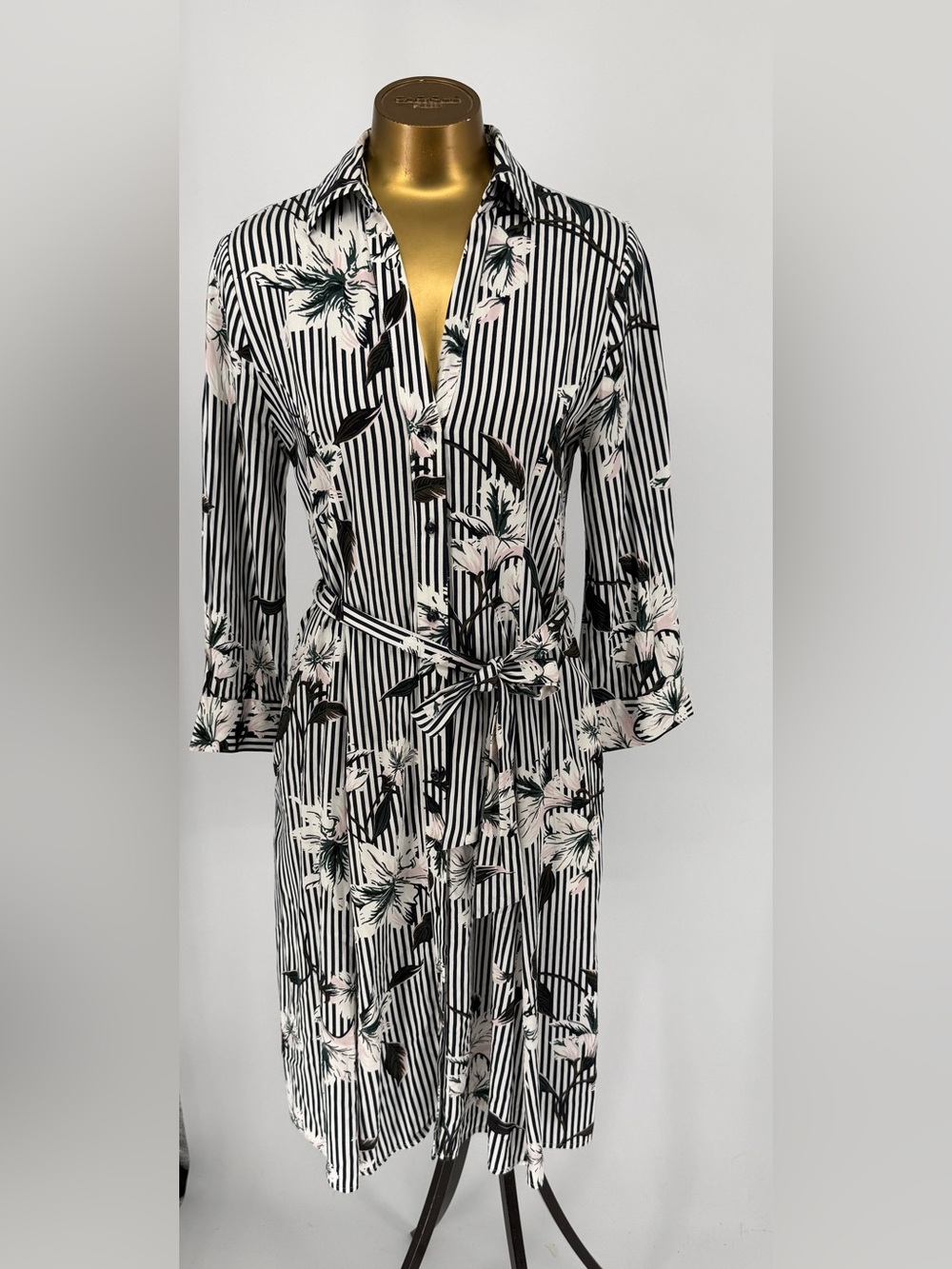 Ann Taylor Factory Black & White Striped Floral Shirt Dress with Belt Size 4